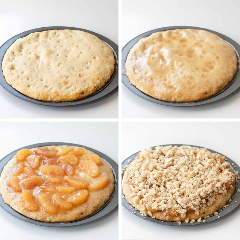 Steps for Making an Apple Dessert Pizza with Baking, Brushing with Cinnamon Butter, Apples, and Crumble.