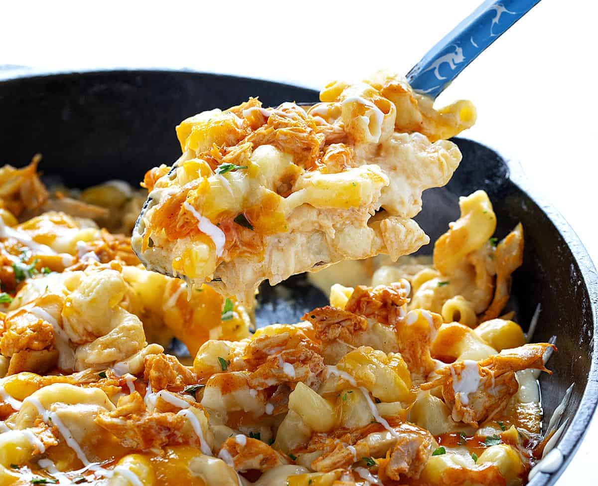 Buffalo Chicken Macaroni and Cheese is a macaroni and cheese that even adults will crave! It's buffalo chicken and cheesy noodles make for a satisfying and addicting dish! homemade macaroni and cheese, buffalo chicken macaroni and cheese, homemade buffalo sauce, home made ranch dressing, rotisserie chicken, iambaker, dinner recipes Spoonful of Buffalo Macaroni and Cheese