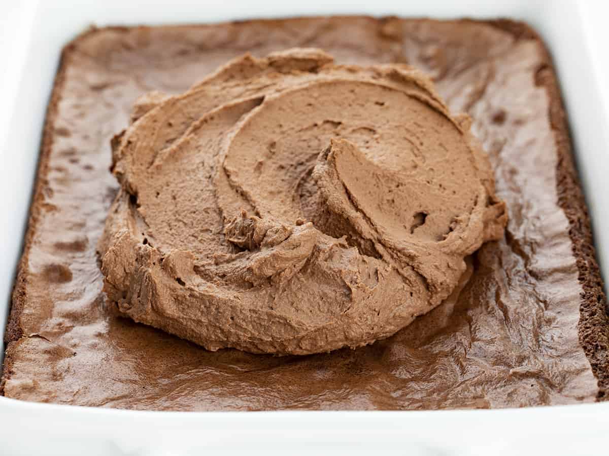 Chocolate Mousse Brownies are homemade brownies baked and topped with creamy chocolate mousse and chocolate curls. Brownies, Brownie Recipe, Chocolate Brownie Recipe, Chocolate Mousse Brownies, How to Make Mousse, Chocolate Mousse, Fudgy Brownies, Chocolate Brownies, Dessert, i am baker, iambaker Adding Mousse to Chocolate Mousse Brownies