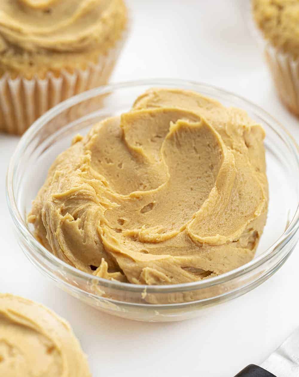 Peanut Butter Cupcakes with Peanut Butter Frosting are cupcakes made with peanut butter and topped with a homemade peanut butter frosting. Peanut Butter Cupcake, Peanut Butter Frosting, Moist Peanut Butter Cupcake, cupcake, cupcake recipes, baking, dessert, i am baker, iambaker Peanut Butter Frosting in Bowl