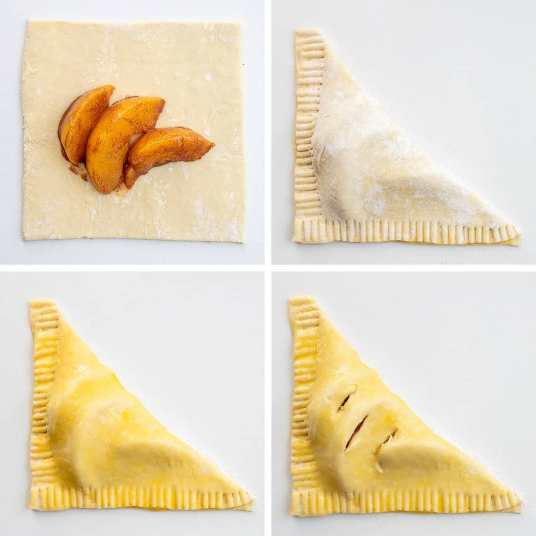 Peach Turnovers are squares of puff pastry filled with spiced canned peaches, baked to a golden brown, and drizzled with a sweet glaze. The flaky texture and fruity goodness will surely leave you craving more, and they are so easy to make! Enjoy a turnover as a breakfast treat, with a cup of coffee, or as a dessert. And, you can even make them in an air fryer! Steps for Filling Puff Pastry with Peaches, Folding, Brushing with Egg Wash, and Piercing to Make Peach Turnovers.