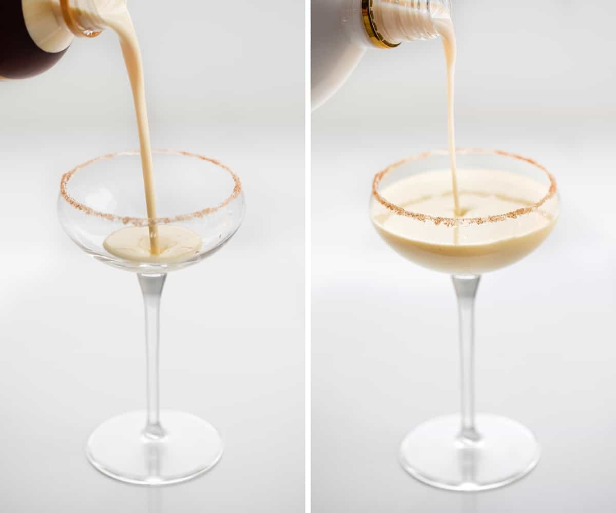 Rumchata Eggnog is an alcoholic beverage made with eggnog and RumChata® served in a glass with a cinnamon-sugar rim. It's the perfect cocktail to serve at your Christmas and New Year's Eve parties! Pouring Eggnog and then Pouring RumChata into a Glass.