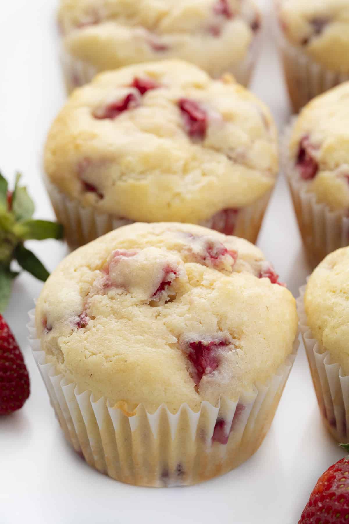 Strawberry Muffins are soft and fluffy muffins made with fresh strawberries for a perfectly sweet and refreshing treat. Muffins, Muffin Recipes, Breakfast, Strawberry Muffins, Real Strawberry Muffins, Baking, i am baker, iambaker, strawberry cupcake Real Strawberry Muffins
